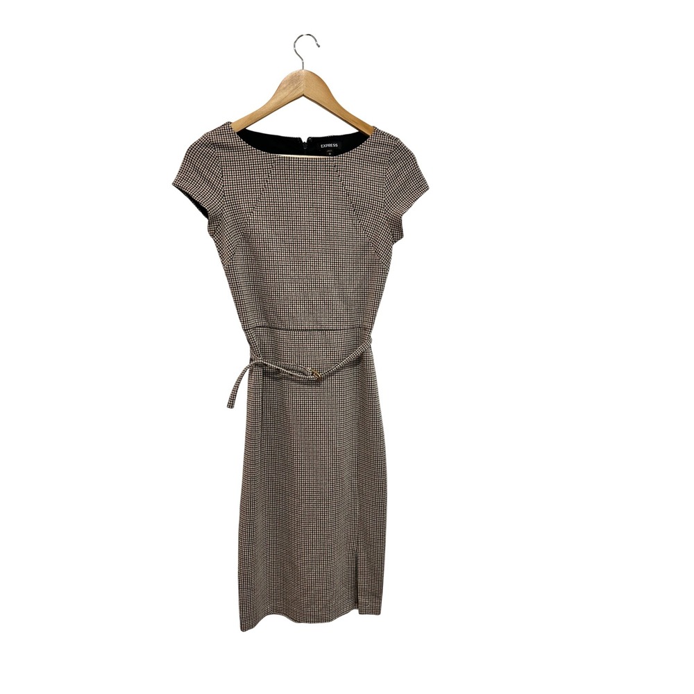 Express Womens Brown Houndstooth Belted Sheath Dress Cap Sleeve Size XS